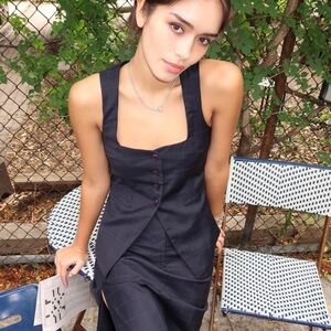 ISALIS Connor Button Down Long Vest • Navy Plaid Size L • NWOT • Pristine